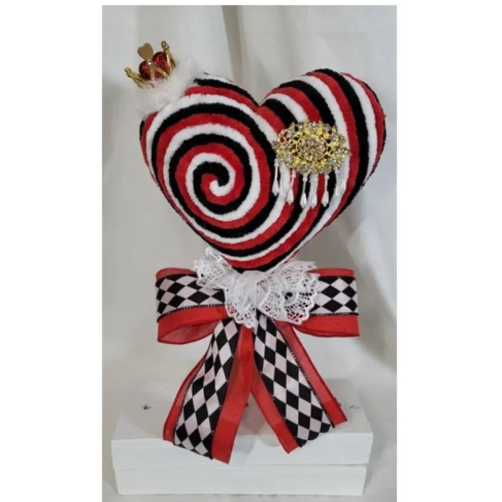 Hearts Decorative Velvety Yarn Red, Black & White Heart w Crown Lollipop & Gold
